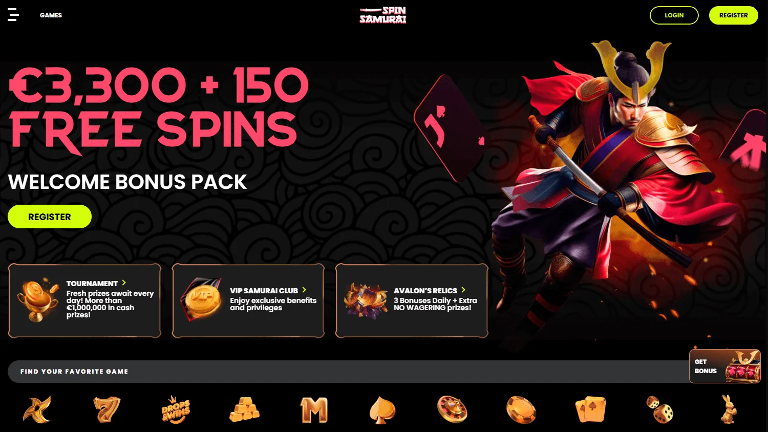 Spin Samurai Casino home experience on desktop