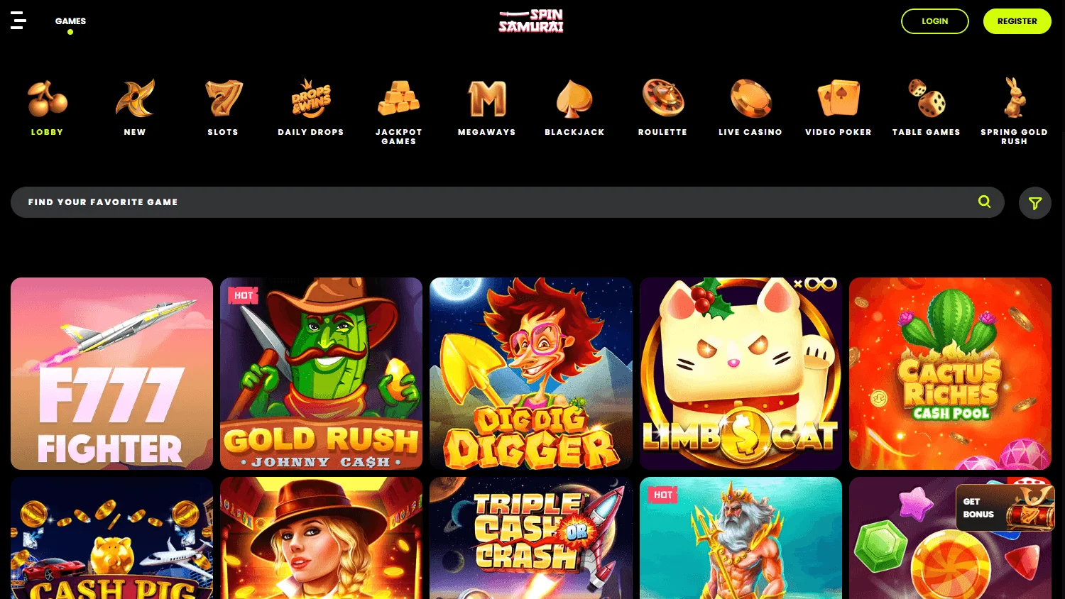 Spin Samurai Casino game selection on desktop