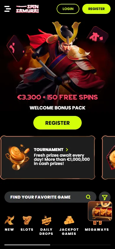 Spin Samurai Casino home experience on a mobile device